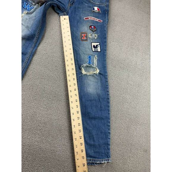 Zara Premium Jeans Women 6 Boyfriend Slim Fit Embroidered Patches Distressed - Picture 6 of 11